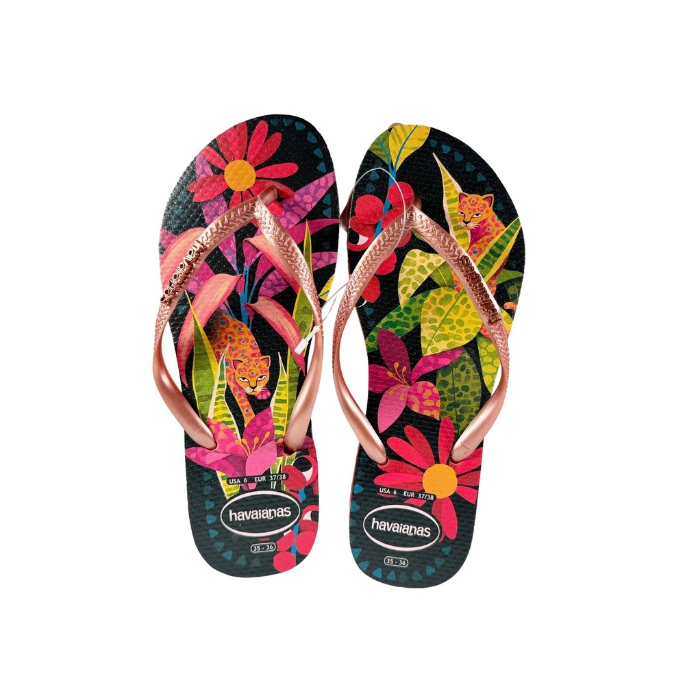 Havaianas Slim Floral Cheetah Salmon Pink Flip Flop Sandals Size 6 New